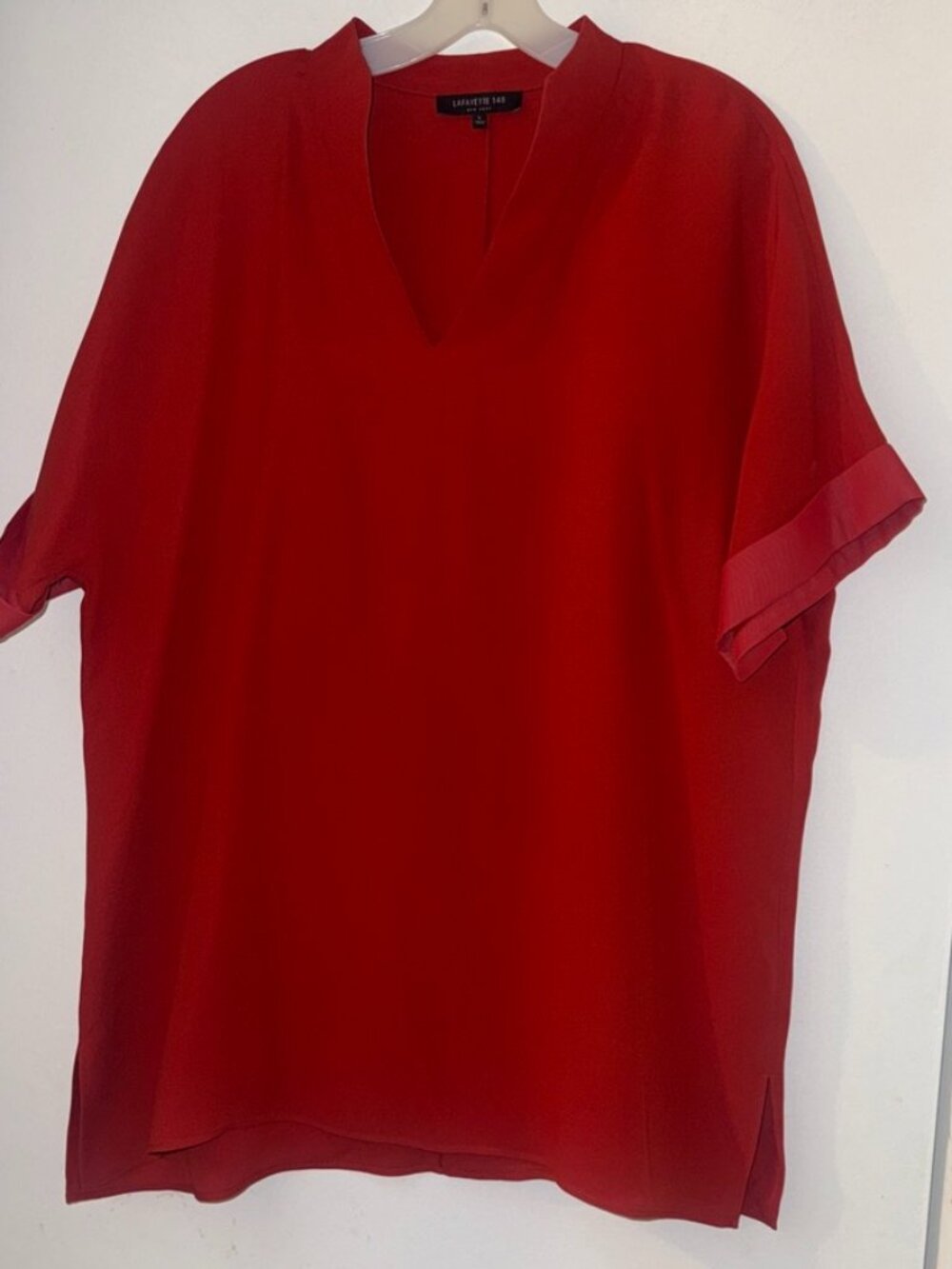 Lafayette 148 New York-Red Short Sleeve Silk Blouse-Oversized-Large